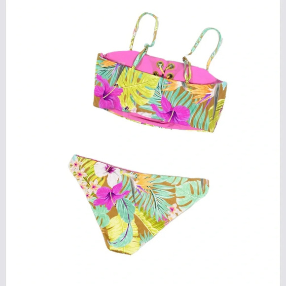 Tinibikini Women Swimsuit 2 pc Pink Floral Summer Vacation Beach Bathing Suit L - Picture 1 of 7